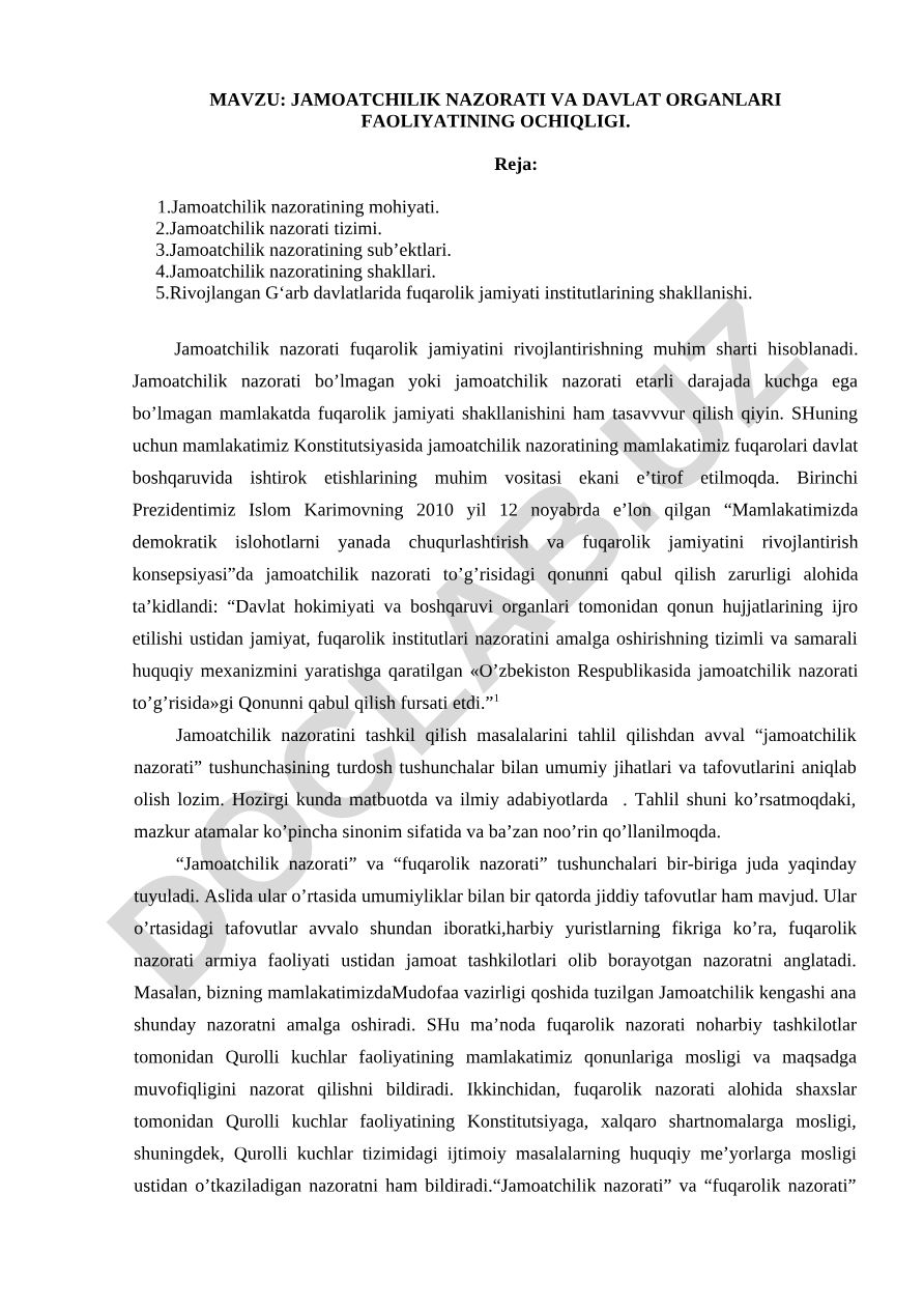 JAMOATCHILIK NAZORATI VA DAVLAT ORGANLARI FAOLIYATINING OCHIQLIGI