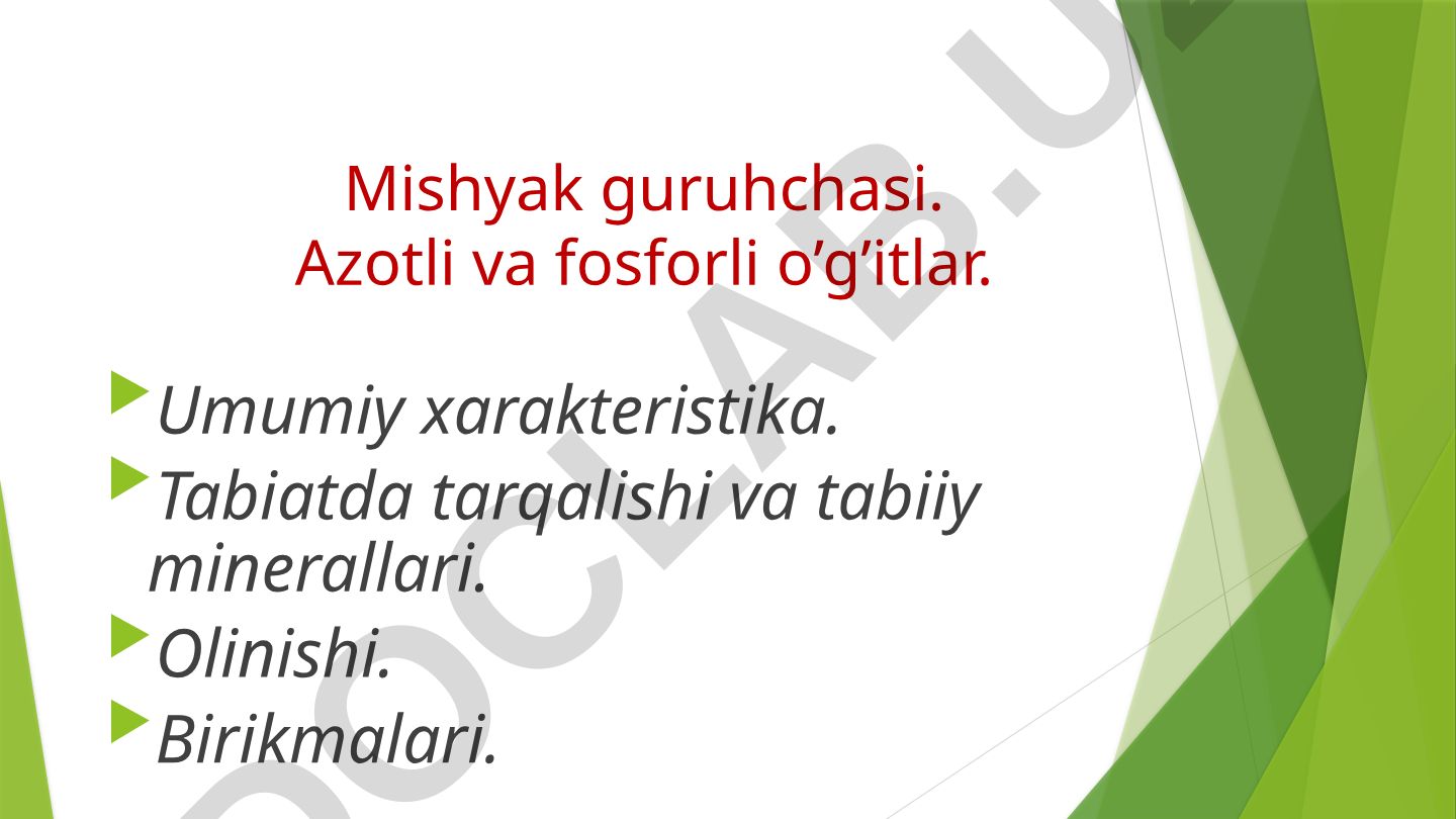 Mishyak guruhchasi elementlari: umumiy xarakteristika, minerallar va olinishi