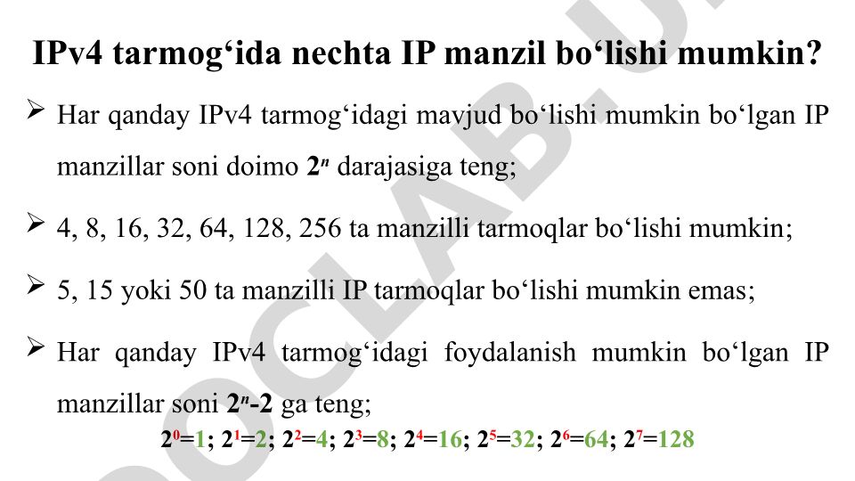 IPv4 tarmoqlarida IP manzillar soni va niqob hisoblash