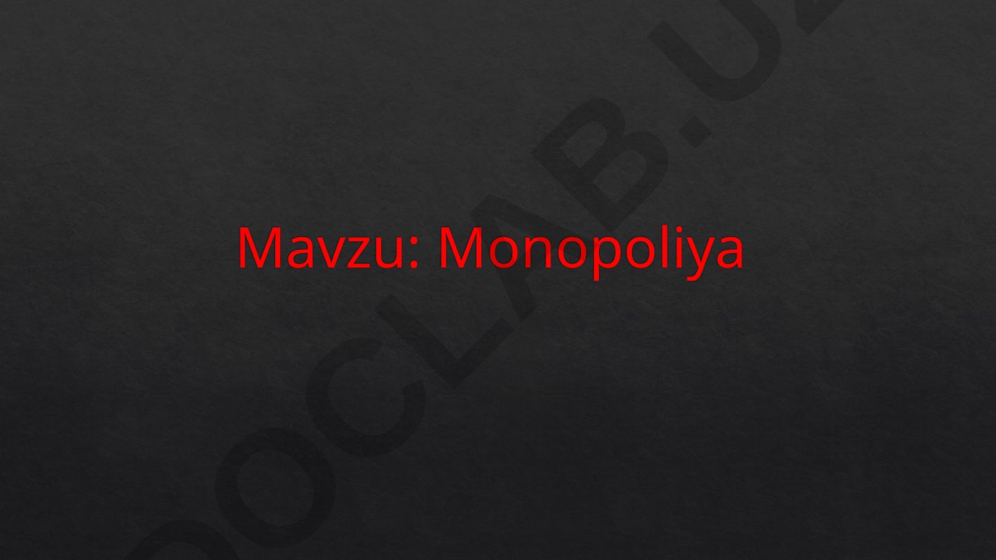 Monopoliya Reja: Monopoliya Monopoliyaning kelib chiqishiga ko’ra turlari Kurno modeli Masalalar