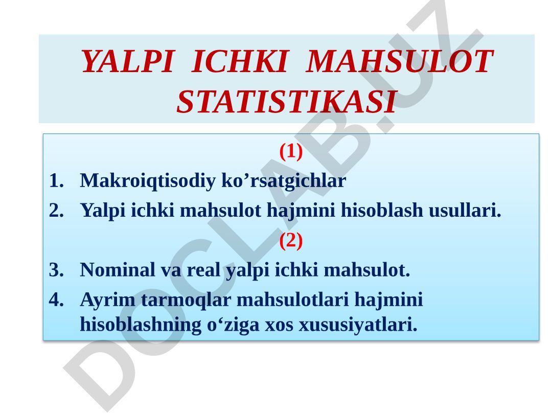 Yalpi ichki mahsulot statistikasi va makroiqtisodiy ko'rsatgichlar