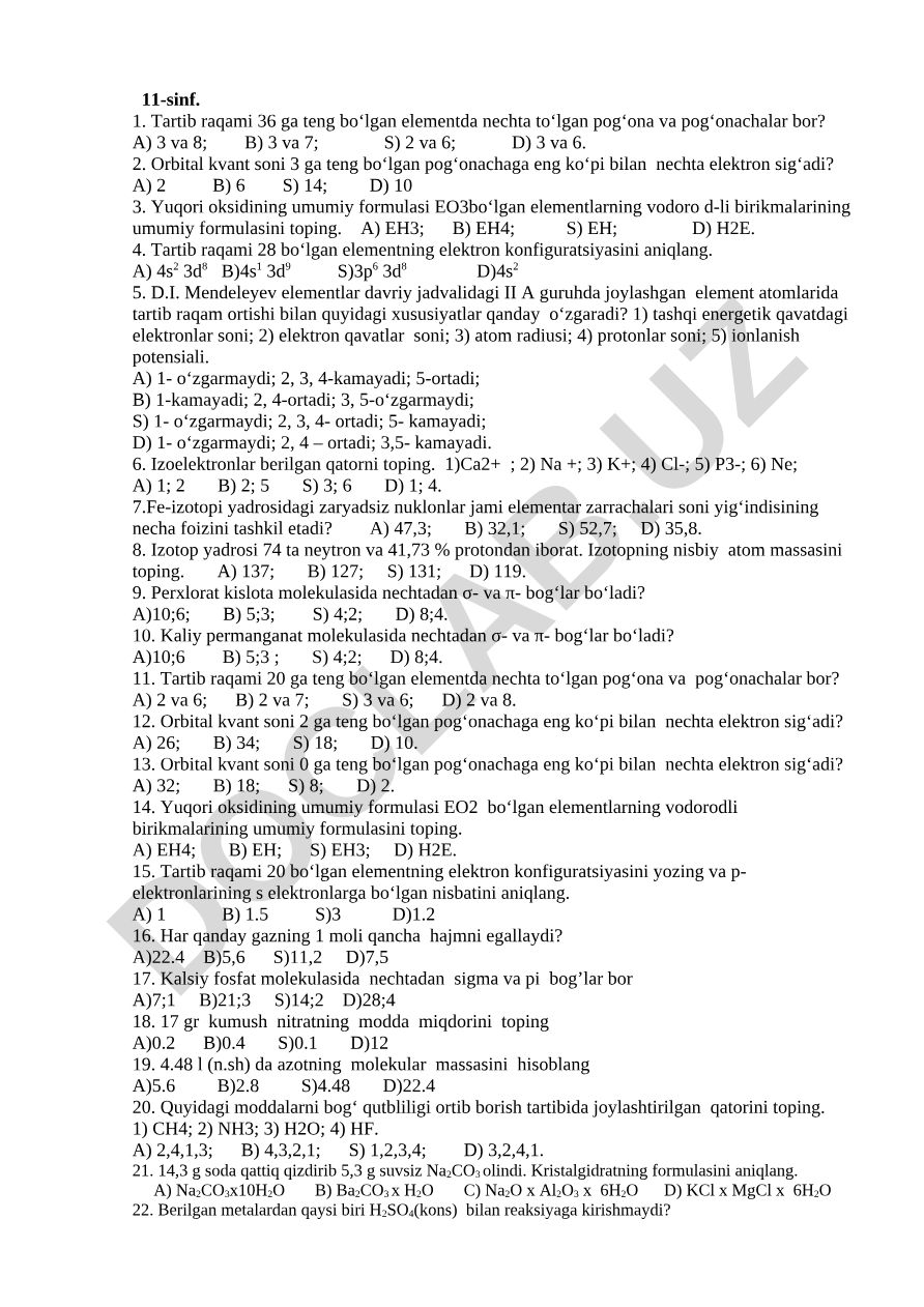11-sinf kimyo fanidan test savollari