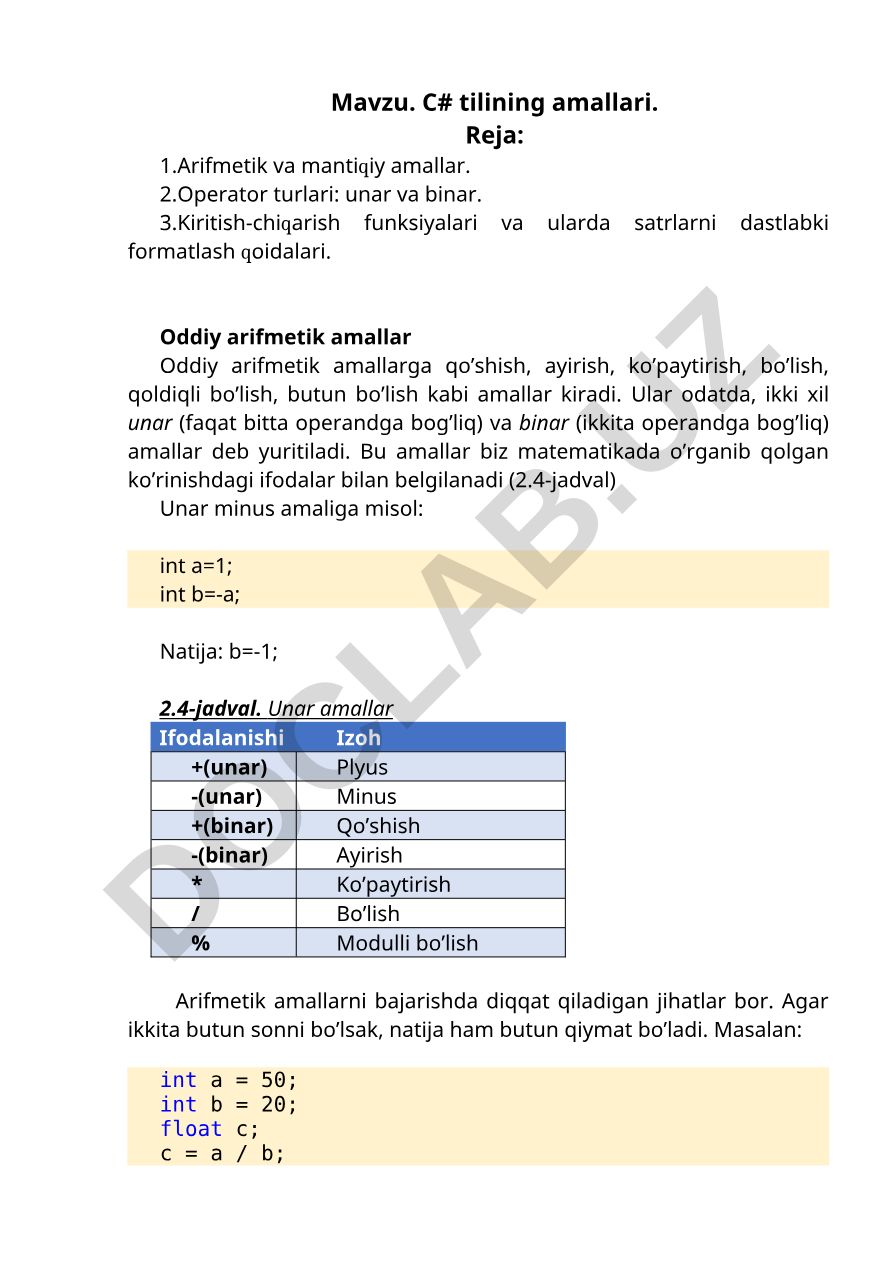 C# tilining amallari