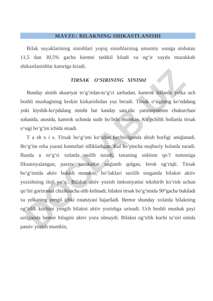 Bilakning shikastlanishi va tirsak o'sig'ining sinishi