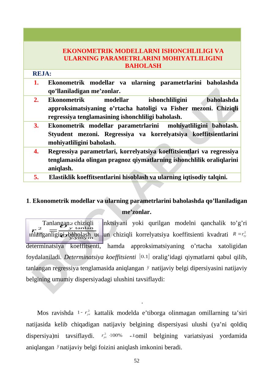 Ekonometrik modellarni ishonchliligi va ularning parametrlarini mohiyatliligini baholash