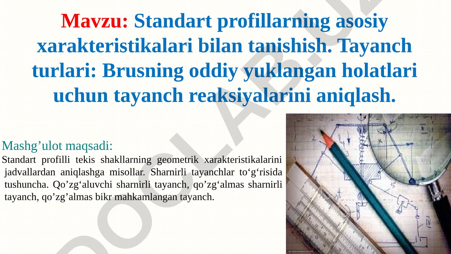 Standart profillarning asosiy xarakteristikalari bilan tanishish. Tayanch turlari: Brusning oddiy yuklangan holatlari uchun tayanch reaksiyalarini aniqlash