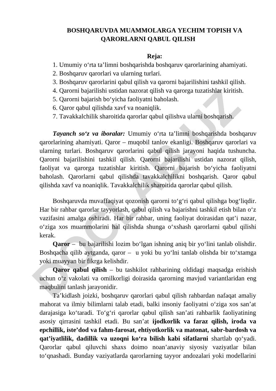 Boshqaruvda muammolarga yechim topish va qarorlarni qabul qilish