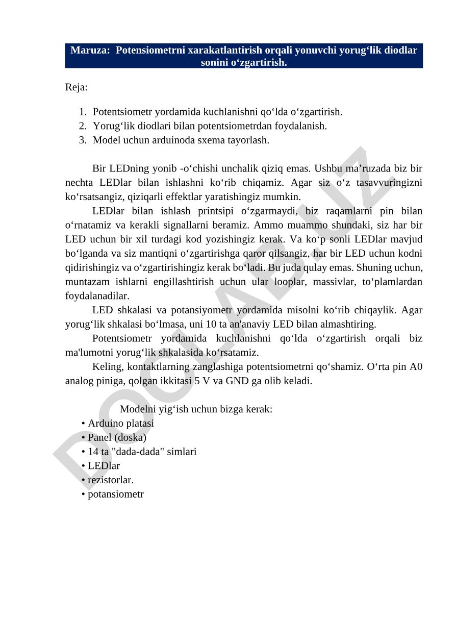 Potensiometr yordamida LED yorug'lik diodlari sonini o'zgartirish