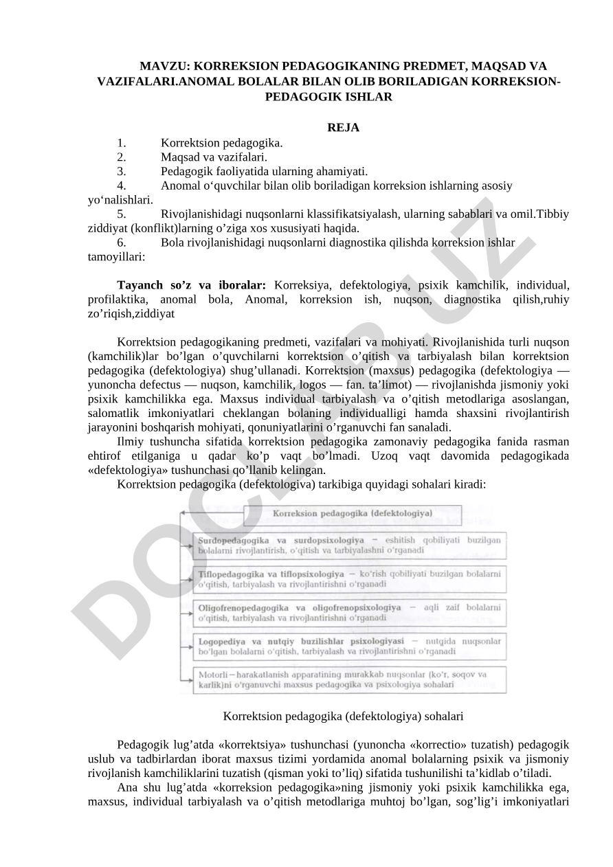 Korreksion pedagogikaning predmet, maqsad va vazifalari