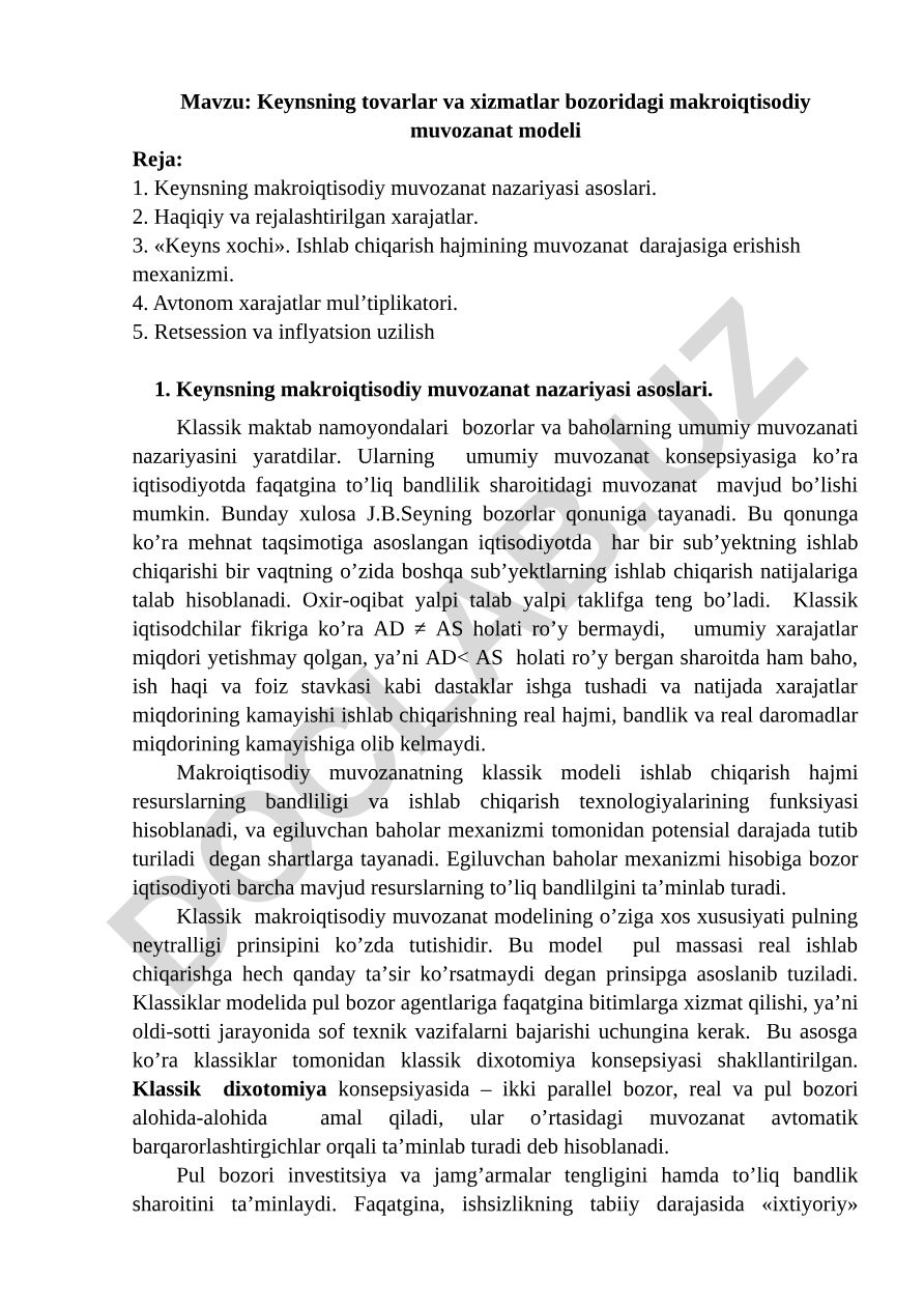 Keynsning tovarlar va xizmatlar bozoridagi makroiqtisodiy muvozanat modeli