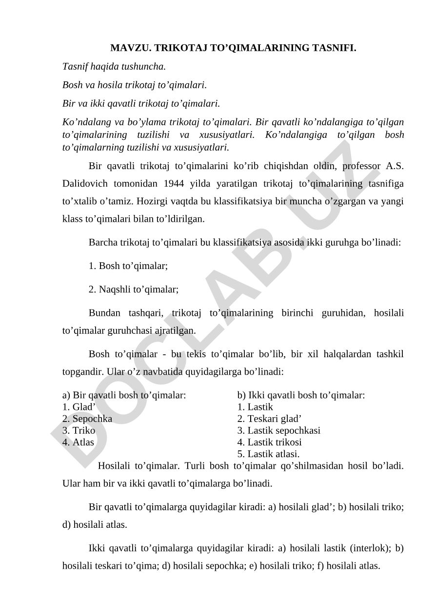 Trikotaj to'qimalarining tasnifi