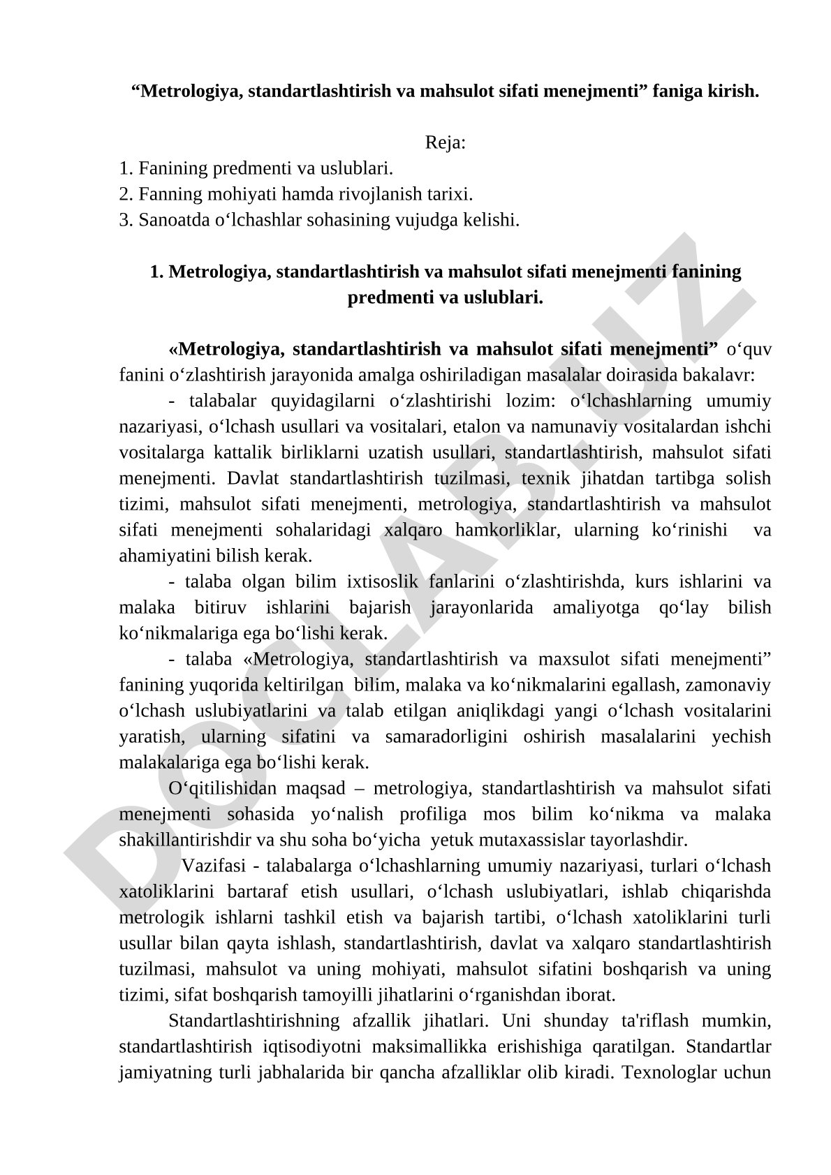 Metrologiya, standartlashtirish va mahsulot sifati menejmenti faniga kirish