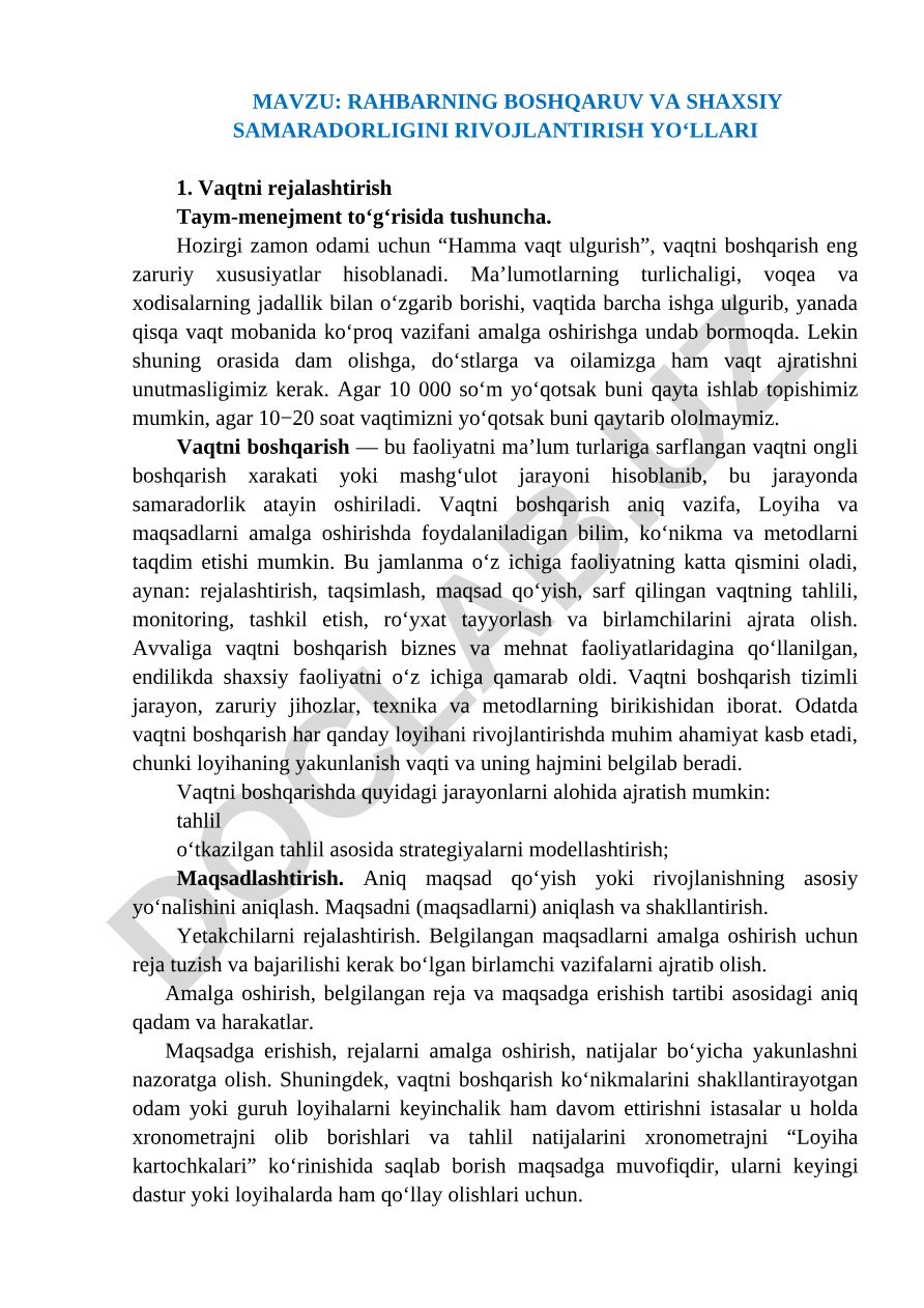 RAHBARNING BOSHQARUV VA SHAXSIY SAMARADORLIGINI RIVOJLANTIRISH YO‘LLARI