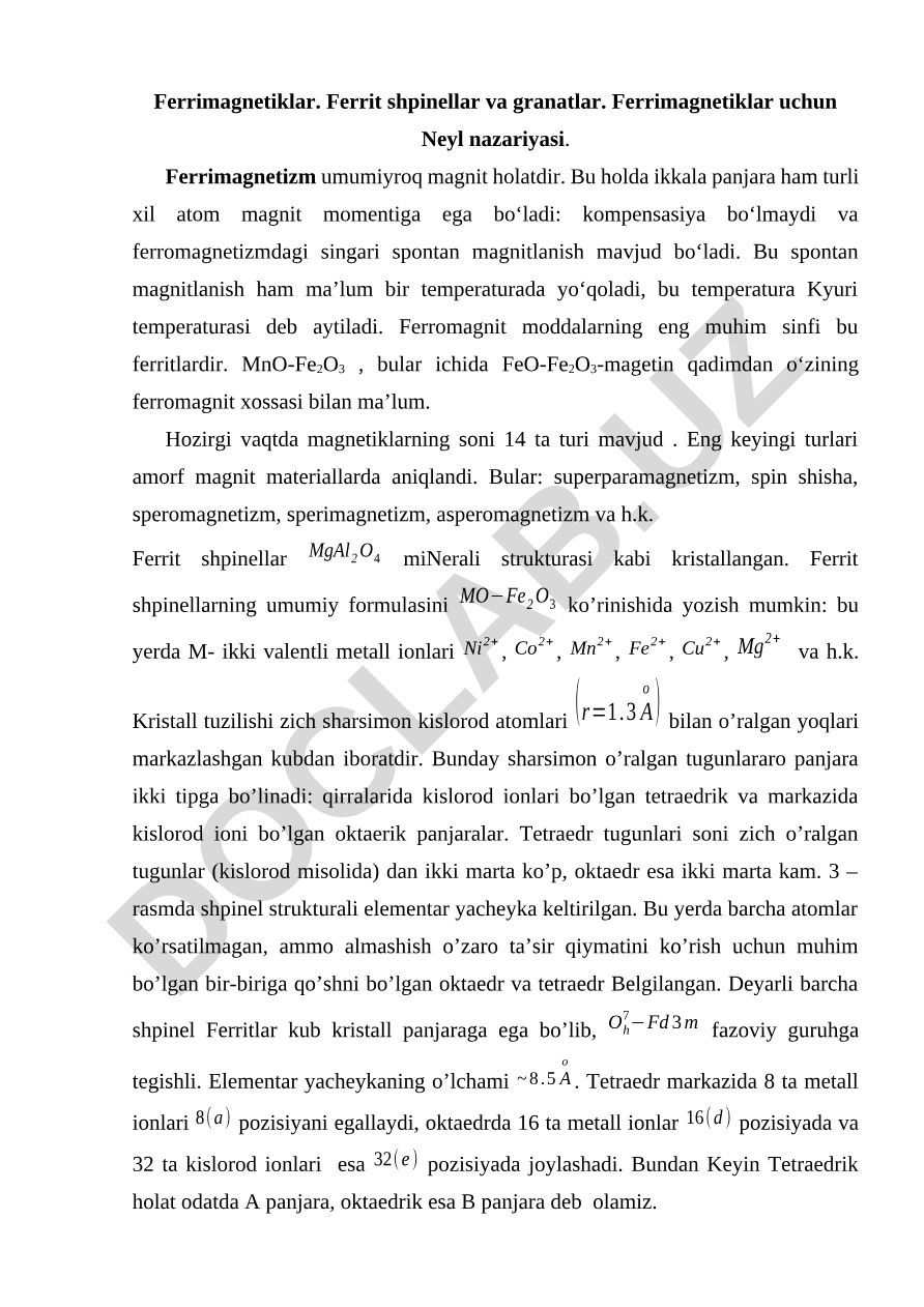 Ferrimagnetiklar va ferrit shpinellar haqida