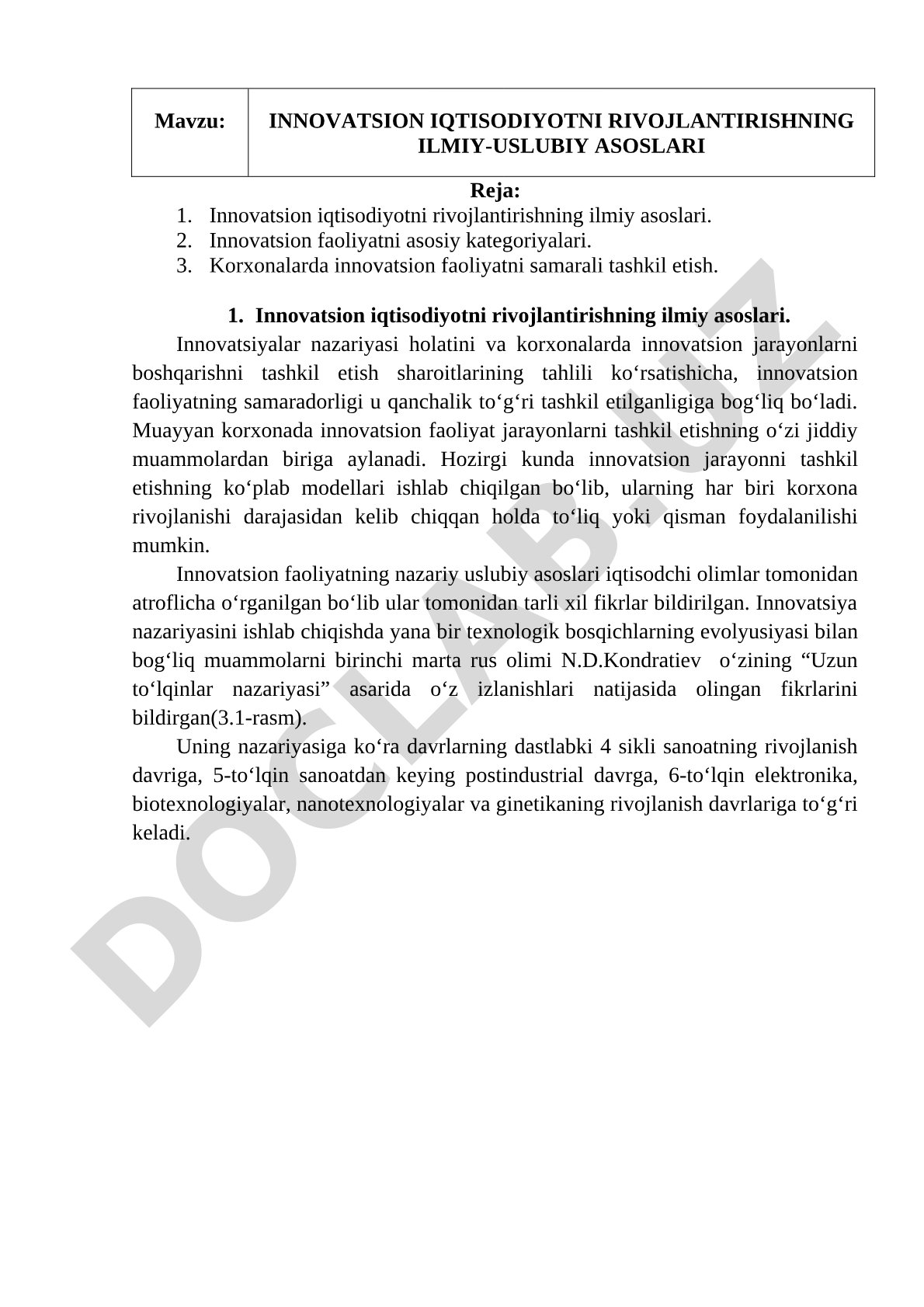 Innovatsion iqtisodiyotni rivojlantirish ishi