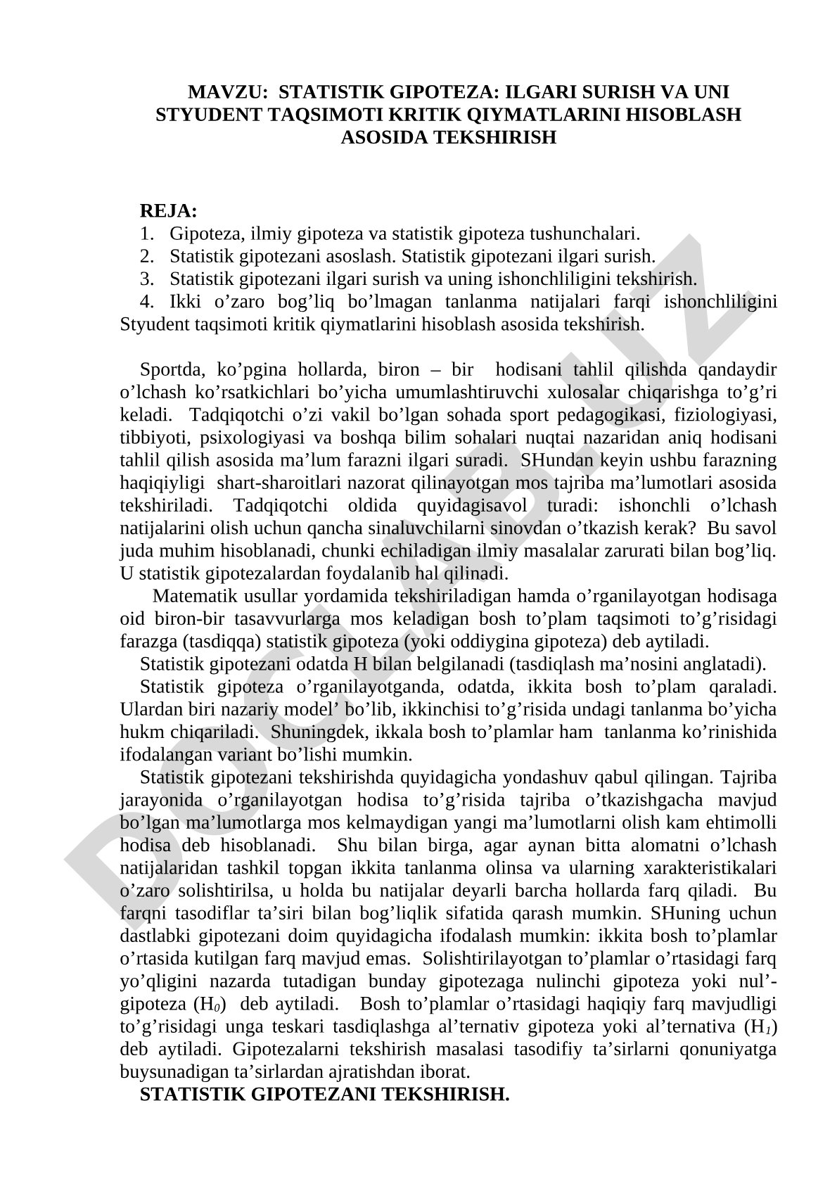 Statistik gipoteza tekshirish rejasi