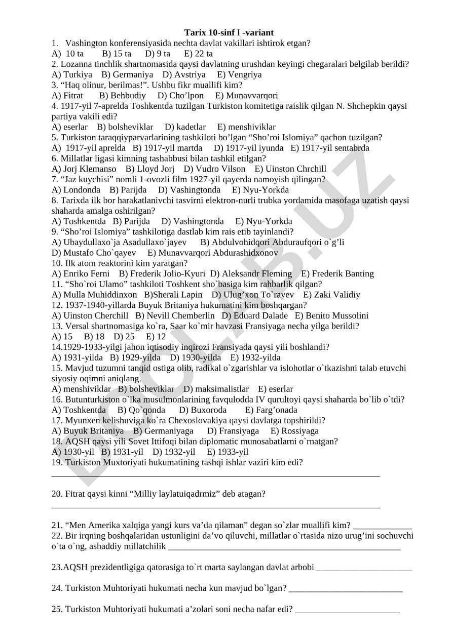 Tarix fanidan 10-sinf test savollari