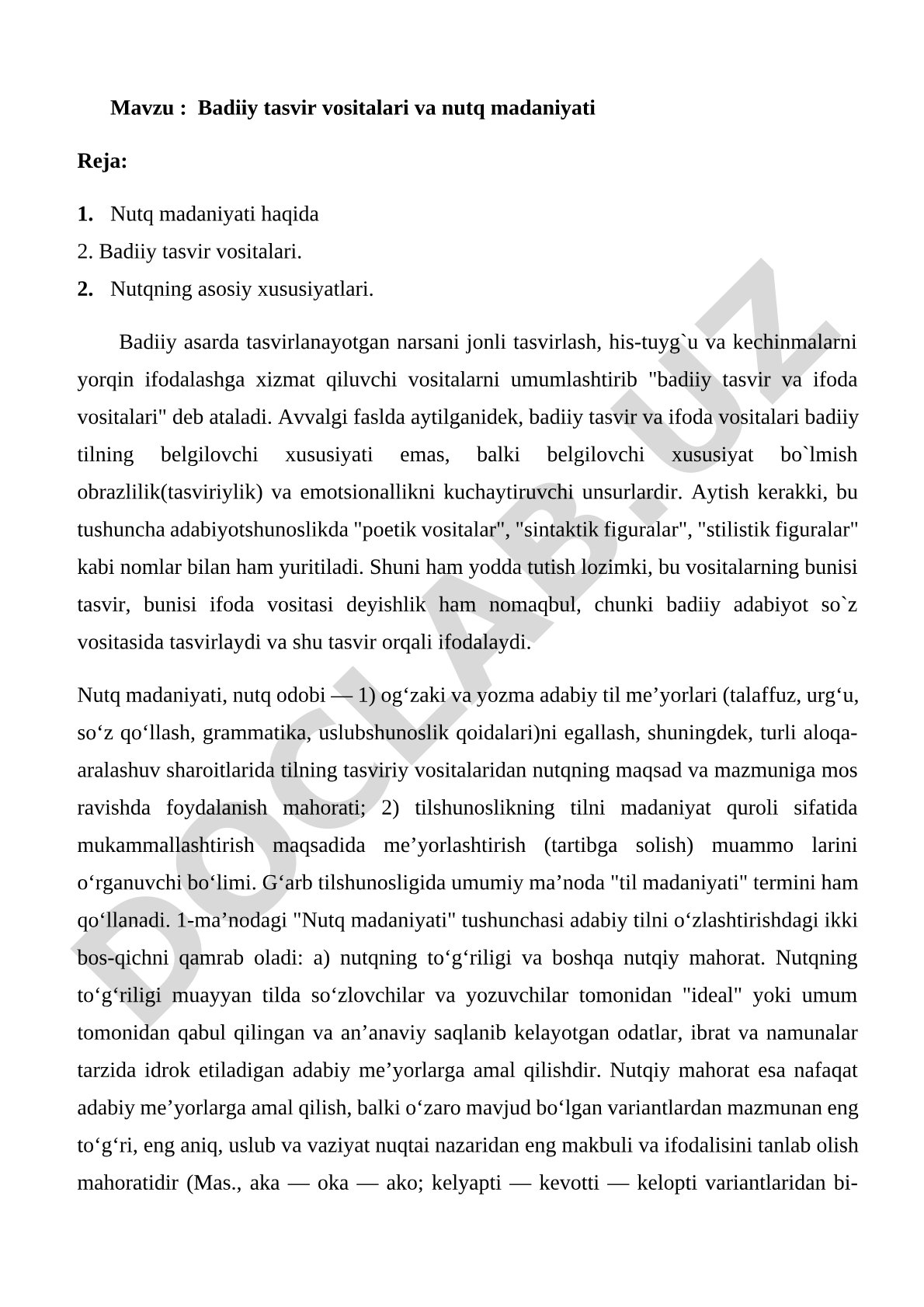 Badiiy tasvir vositalari va nutq madaniyati