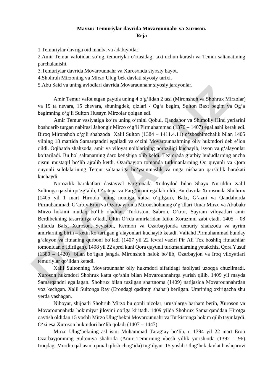 Temuriylar davrida Movarounnahr va Xuroson