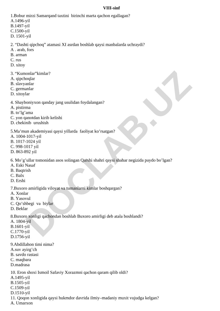 Oʻzbekiston tarixi test savollari