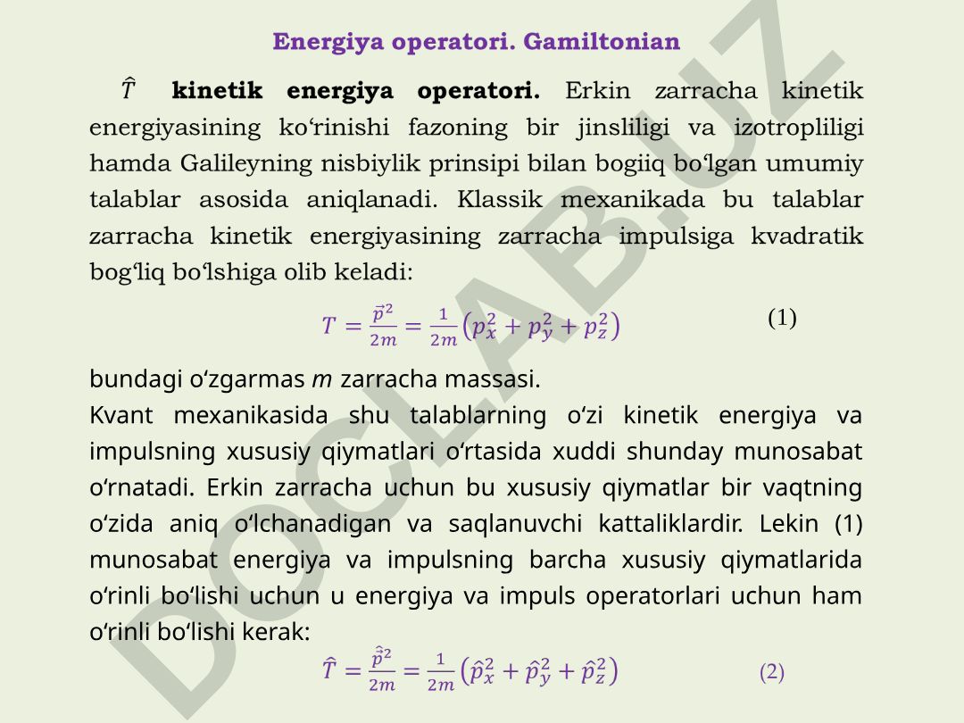 Kvant mexanikasida erkin zarracha kinetik energiya operatori