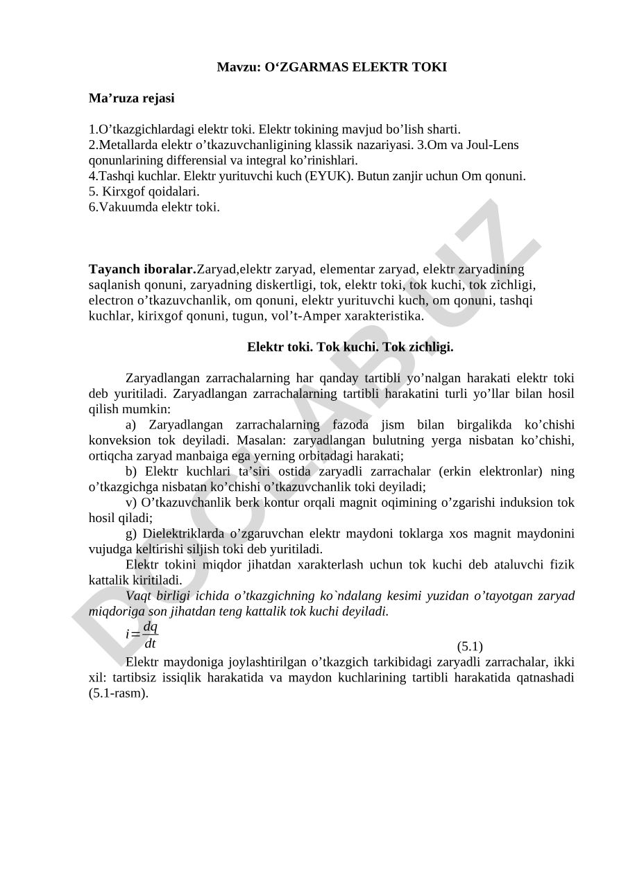 O‘ZGARMAS ELЕKTR TОKI Ma’ruza rеjasi