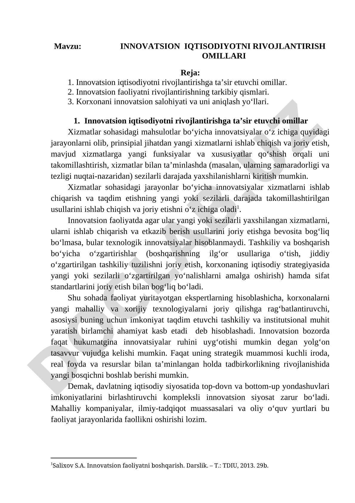 Innovatsion iqtisodiyot reja hujjati