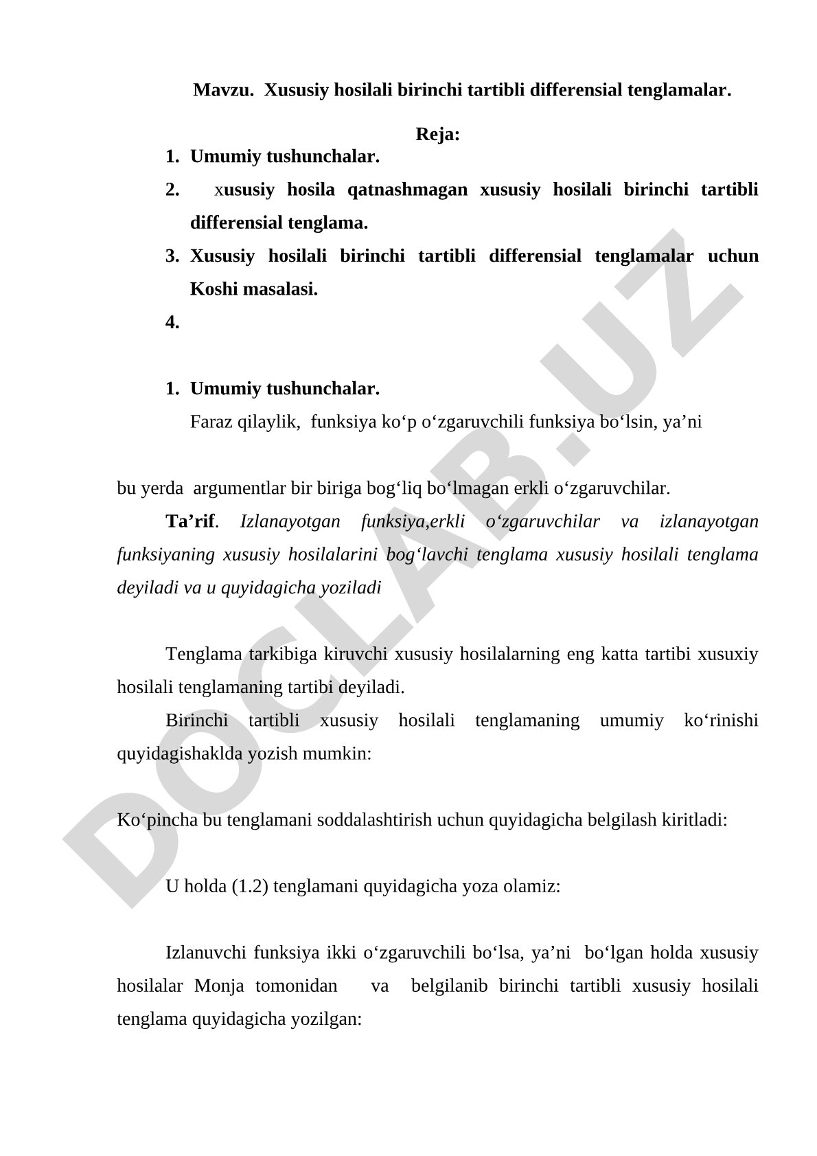 Xususiy hosilali birinchi tartibli differensial tenglamalar