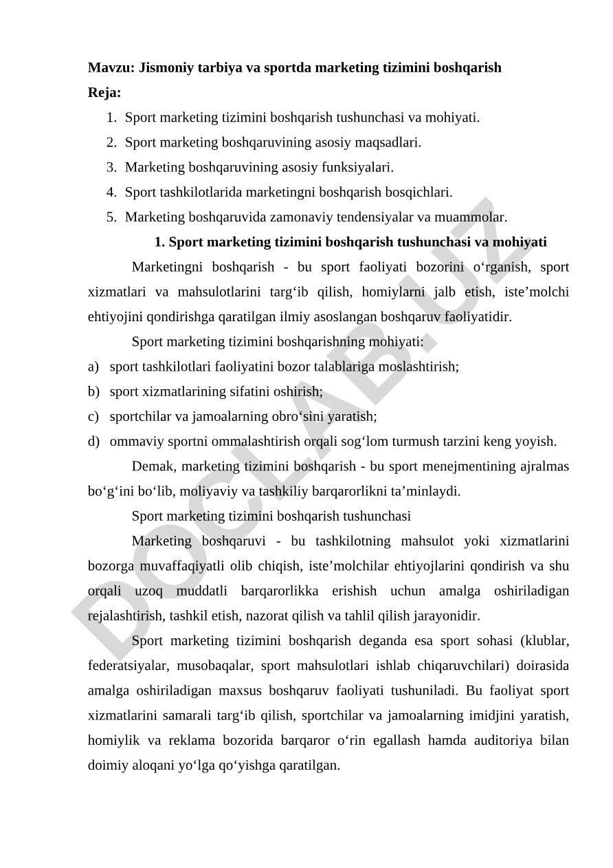 Jismoniy tarbiya va sportda marketing tizimini boshqarish