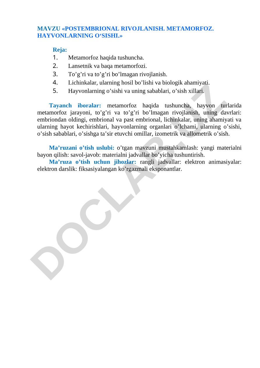 POSTEMBRIONAL RIVOJLANISH. METAMORFOZ. HAYVONLARNING O‘SISHI.