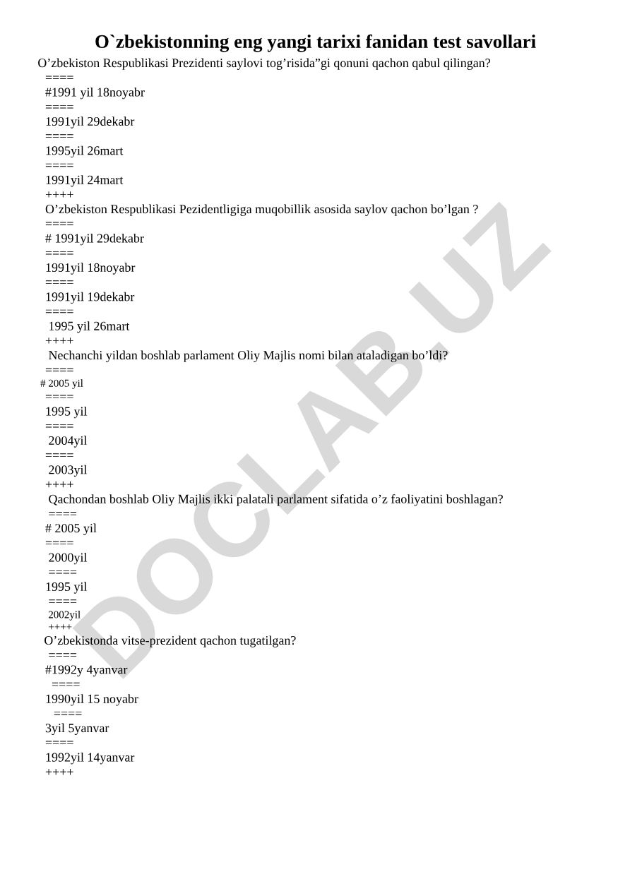 O'zbekistonning eng yangi tarixi fanidan test savollari
