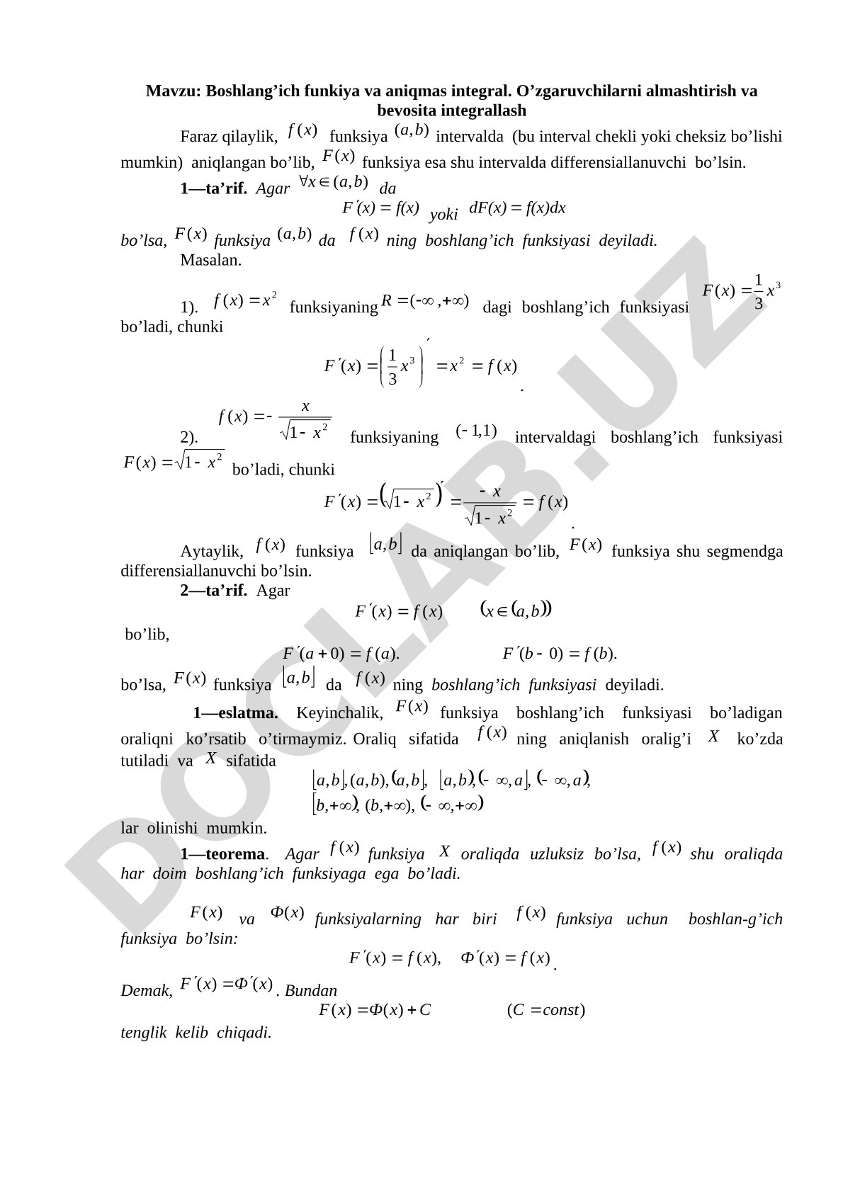 Boshlang'ich funksiya va aniqmas integral