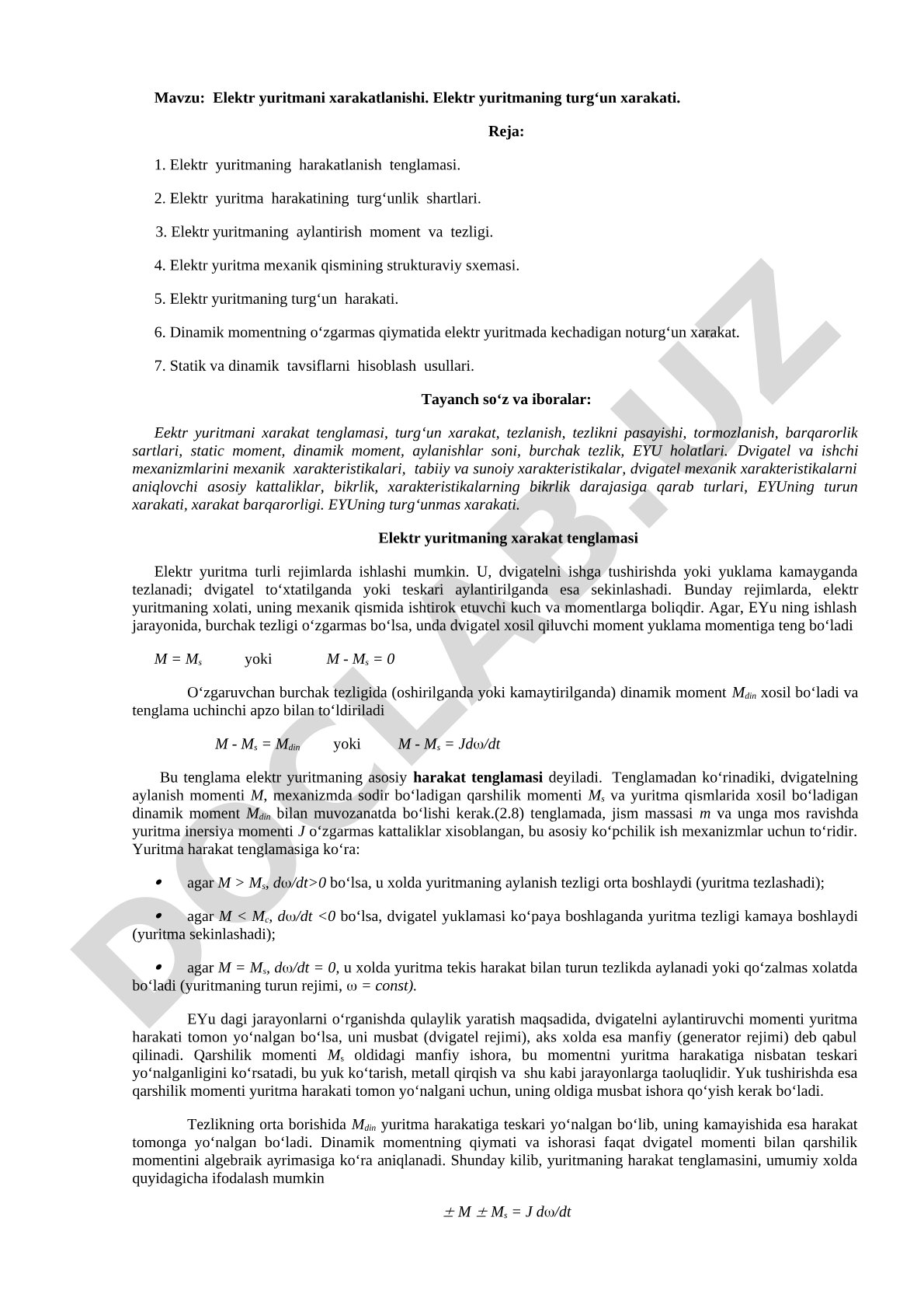 Elektr yuritmani xarakatlanishi va turg‘un xarakati
