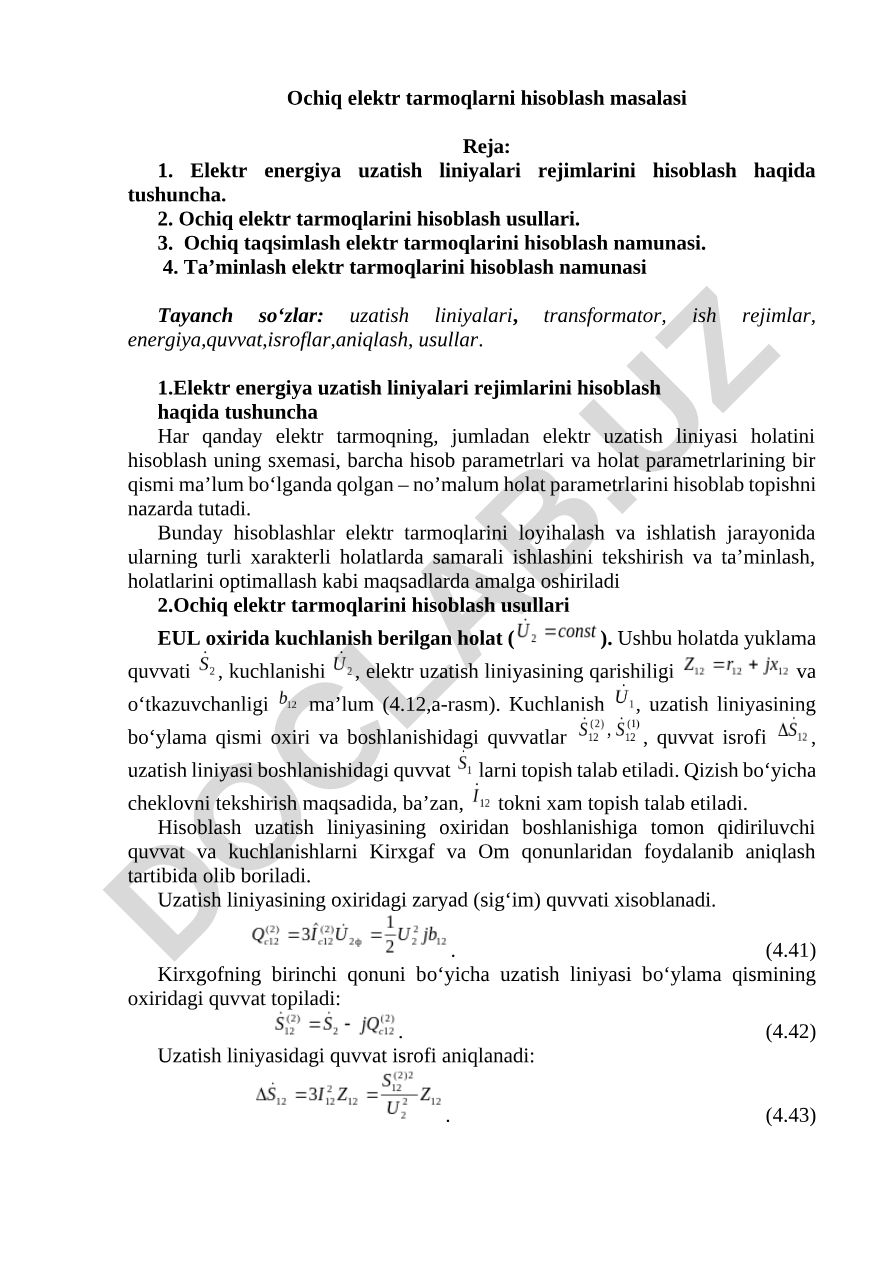 Ochiq elektr tarmoqlarni hisoblash masalasi