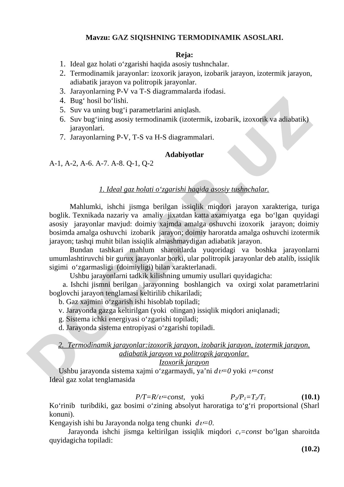 GAZ SIQISHNING TERMODINAMIK ASOSLARI