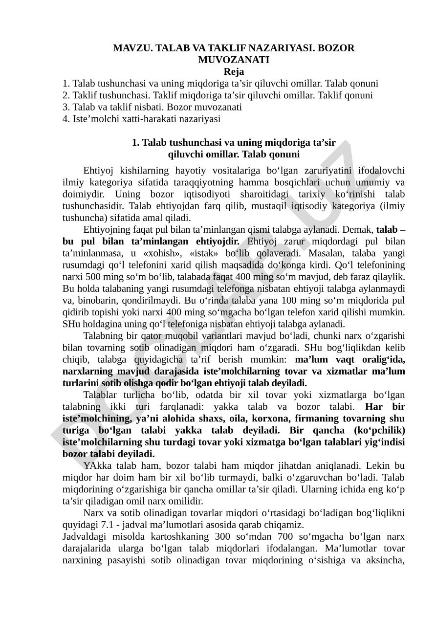 Talab va taklif nazariyasi. Bozor muvozanati