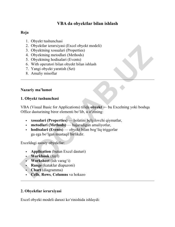 VBA da obyektlar bilan ishlash