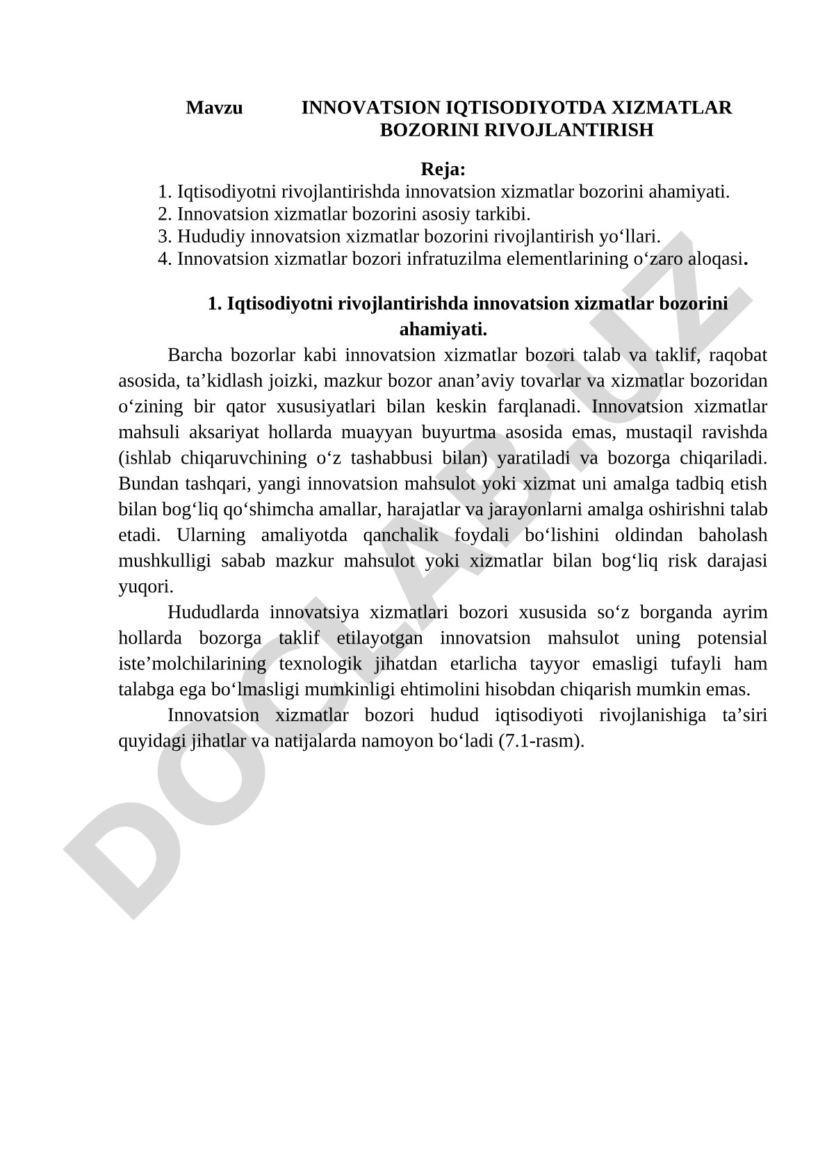 Innovatsion iqtisodiyotda xizmatlar bozorini rivojlantirish kurs ishi