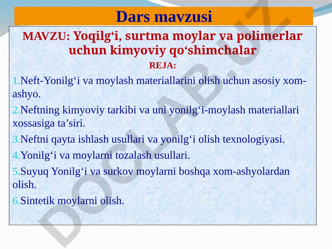 Yoqilg‘i, surtma moylar va polimerlar uchun kimyoviy qo‘shimchalar