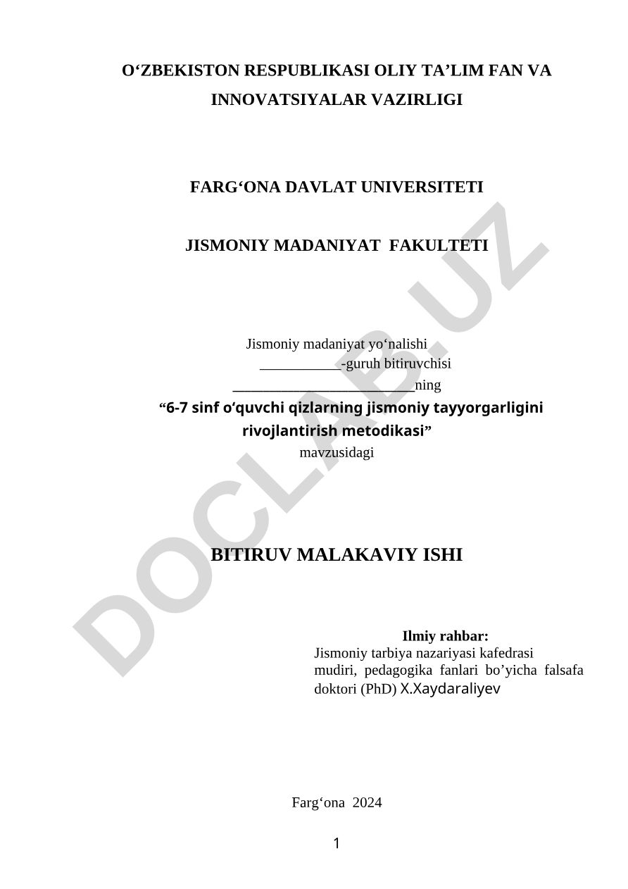 6-7 sinf o‘quvchi qizlarning jismoniy tayyorgarligini rivojlantirish metodikasi
