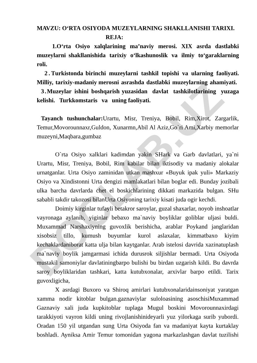 O‘RTA OSIYODA MUZEYLARNING SHAKLLANISHI TARIXI