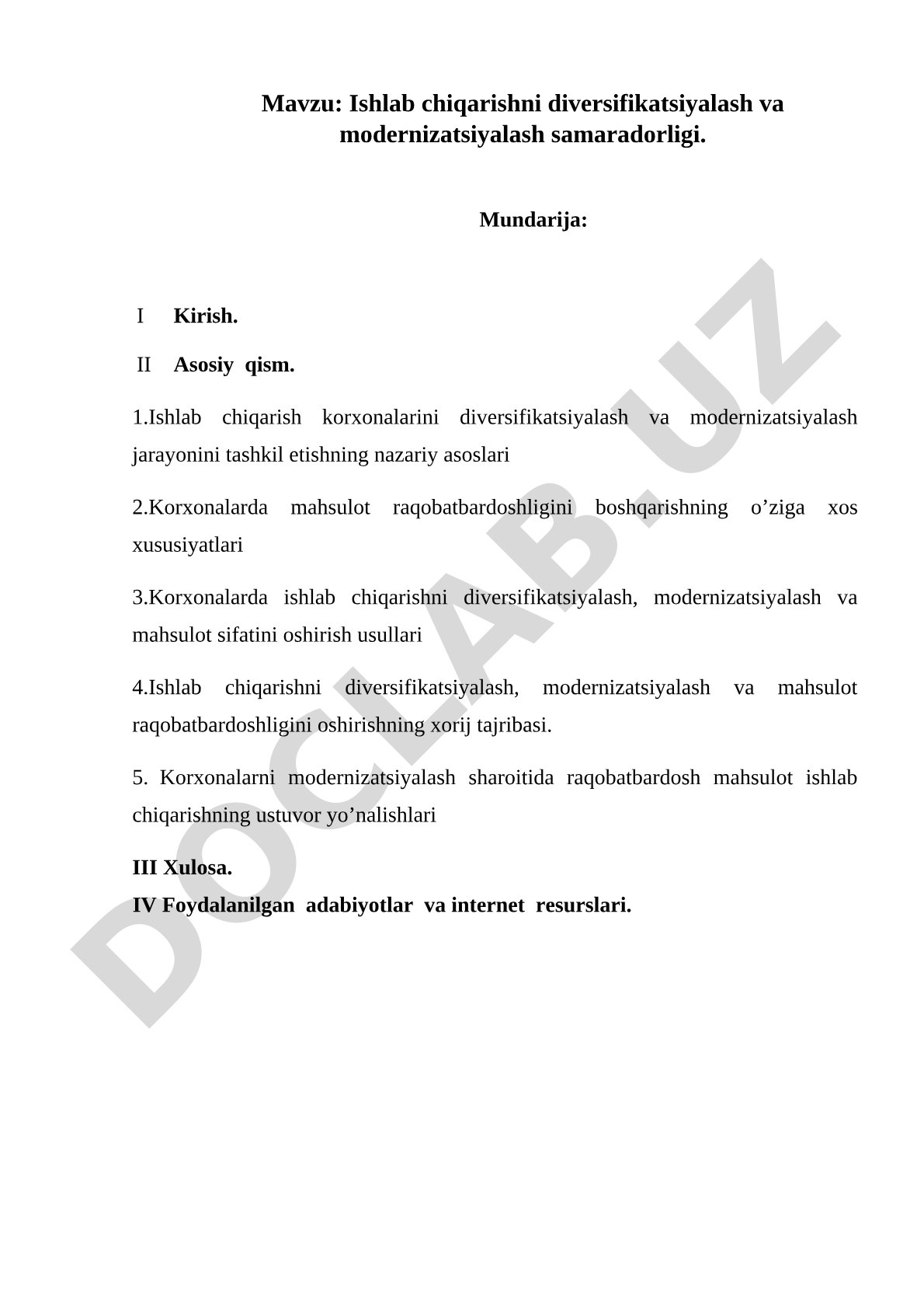 Ishlab chiqarishni diversifikatsiyalash va modernizatsiyalash samaradorligi