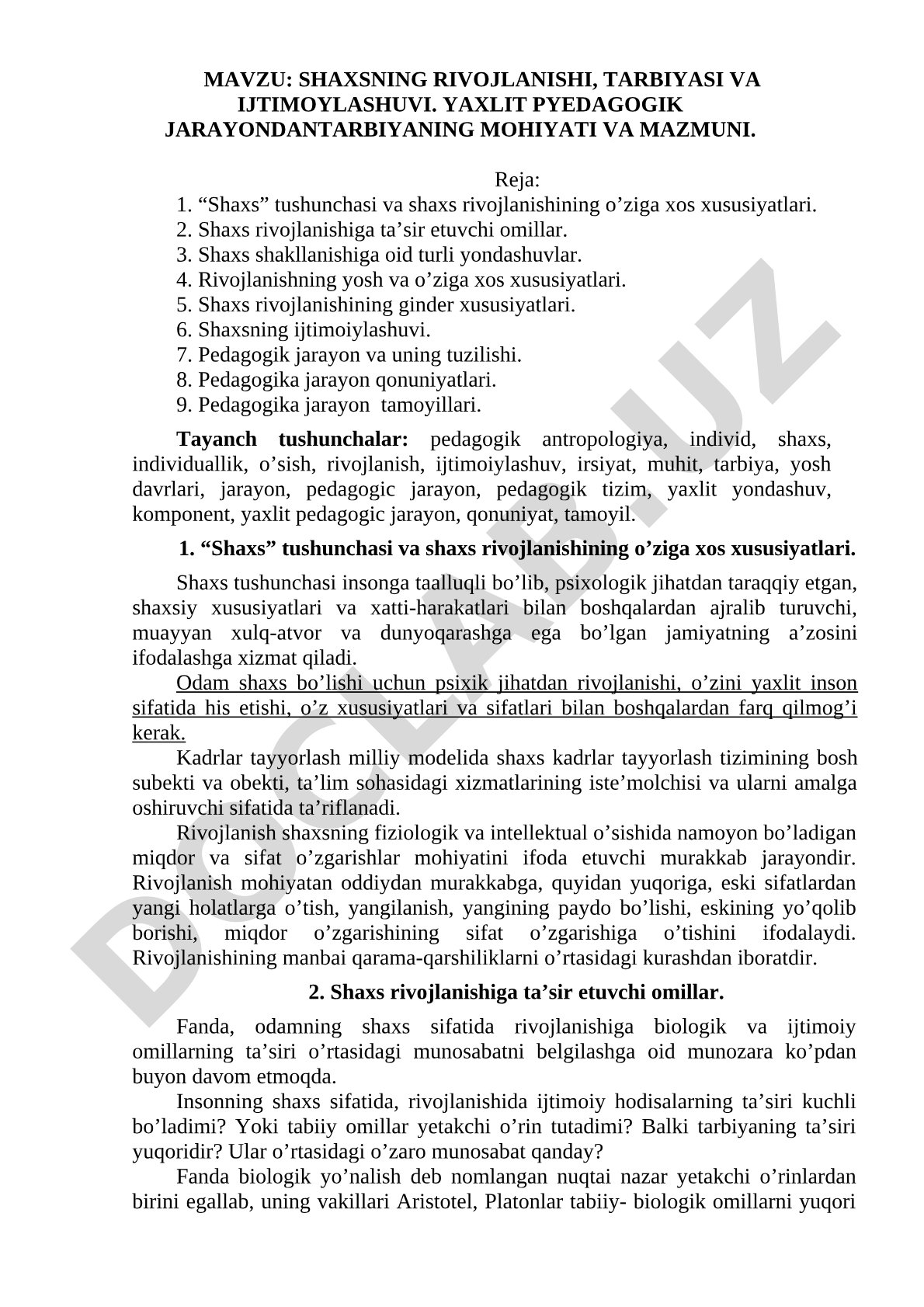 Shaxsning rivojlanishi, tarbiyasi va ijtimoiylashuvi. Yaxlit pedagogik jarayonda tarbiyaning mohiyati va mazmuni