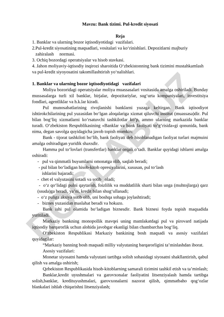 Bank tizimi. Pul-kredit siyosati