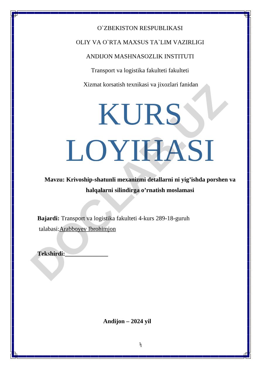 Krivoship-shatunli mexanizmi detallarni yig'ishda porshen va halqalarni silindirga o'rnatish moslamasi