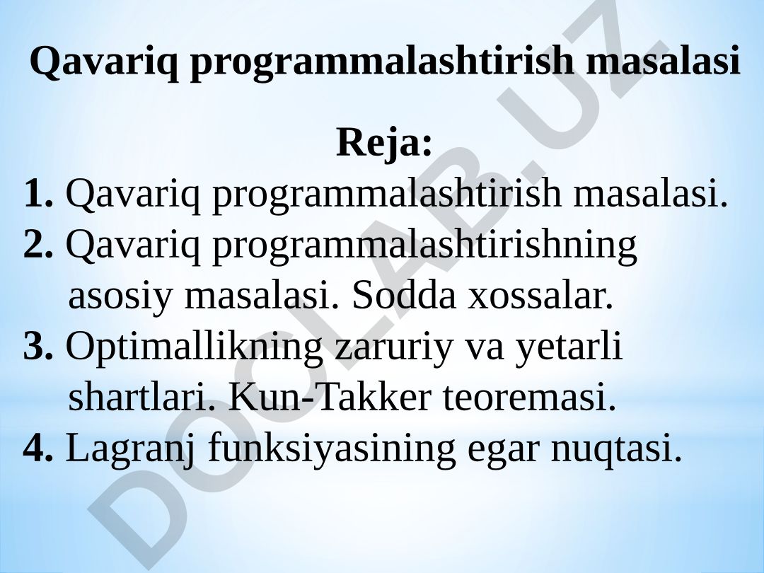 Qavariq programmalashtirish masalasi va optimallik shartlari