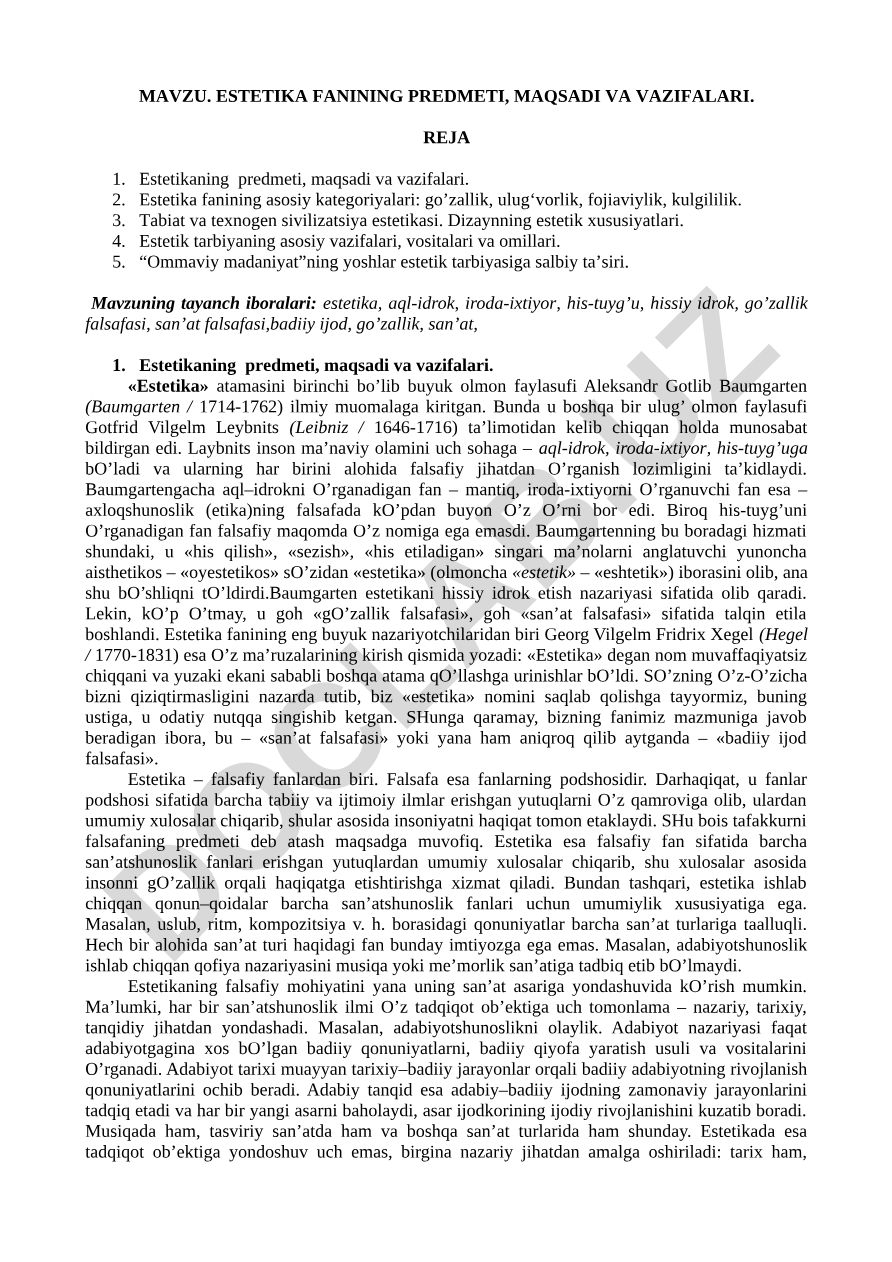 Estetika fanining predmeti, maqsadi va vazifalari