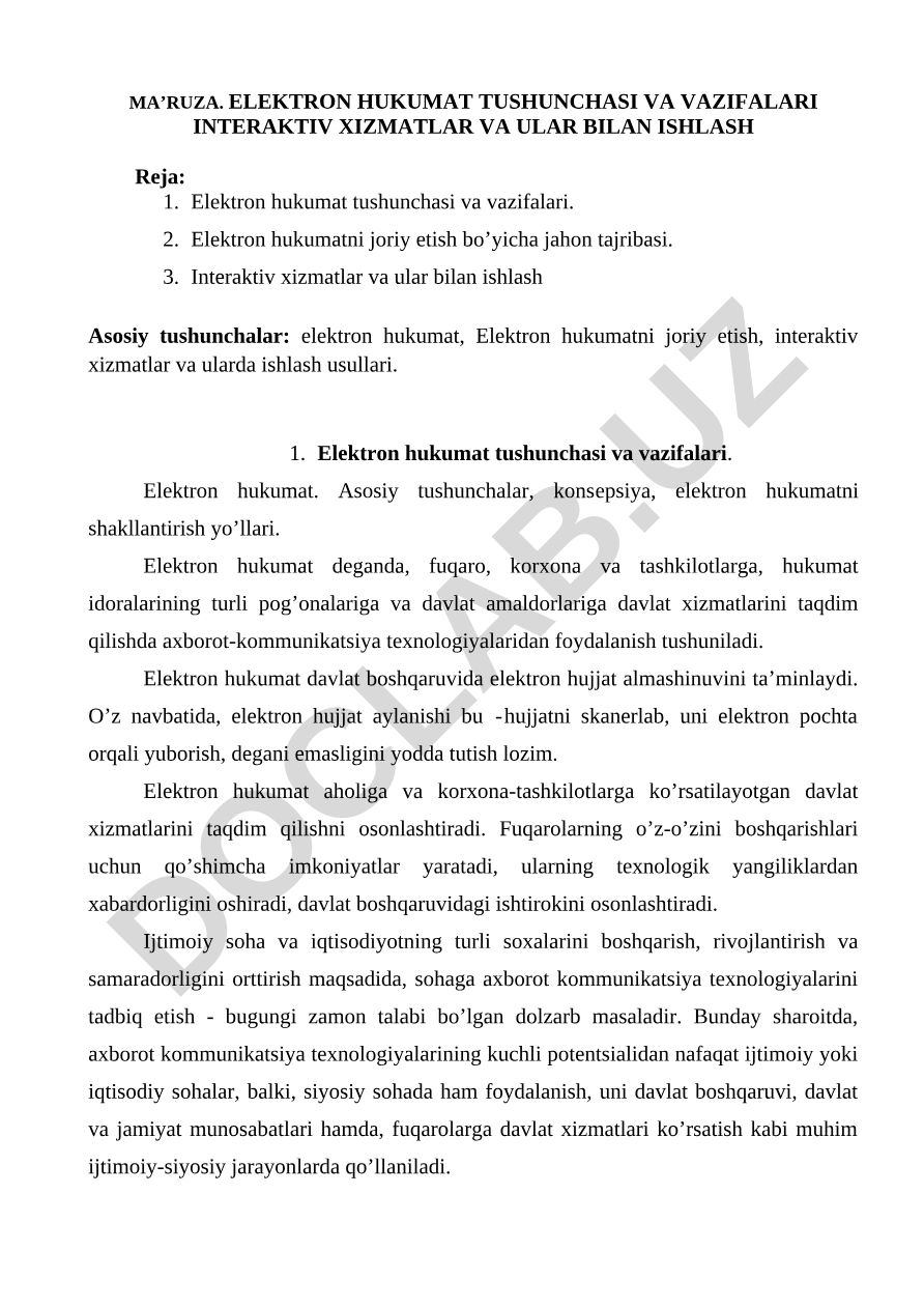 Elektron hukumat tushunchasi, vazifalari va interaktiv xizmatlar