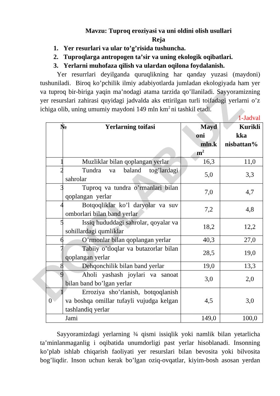 Tuproq eroziyasi va uni oldini olish usullari