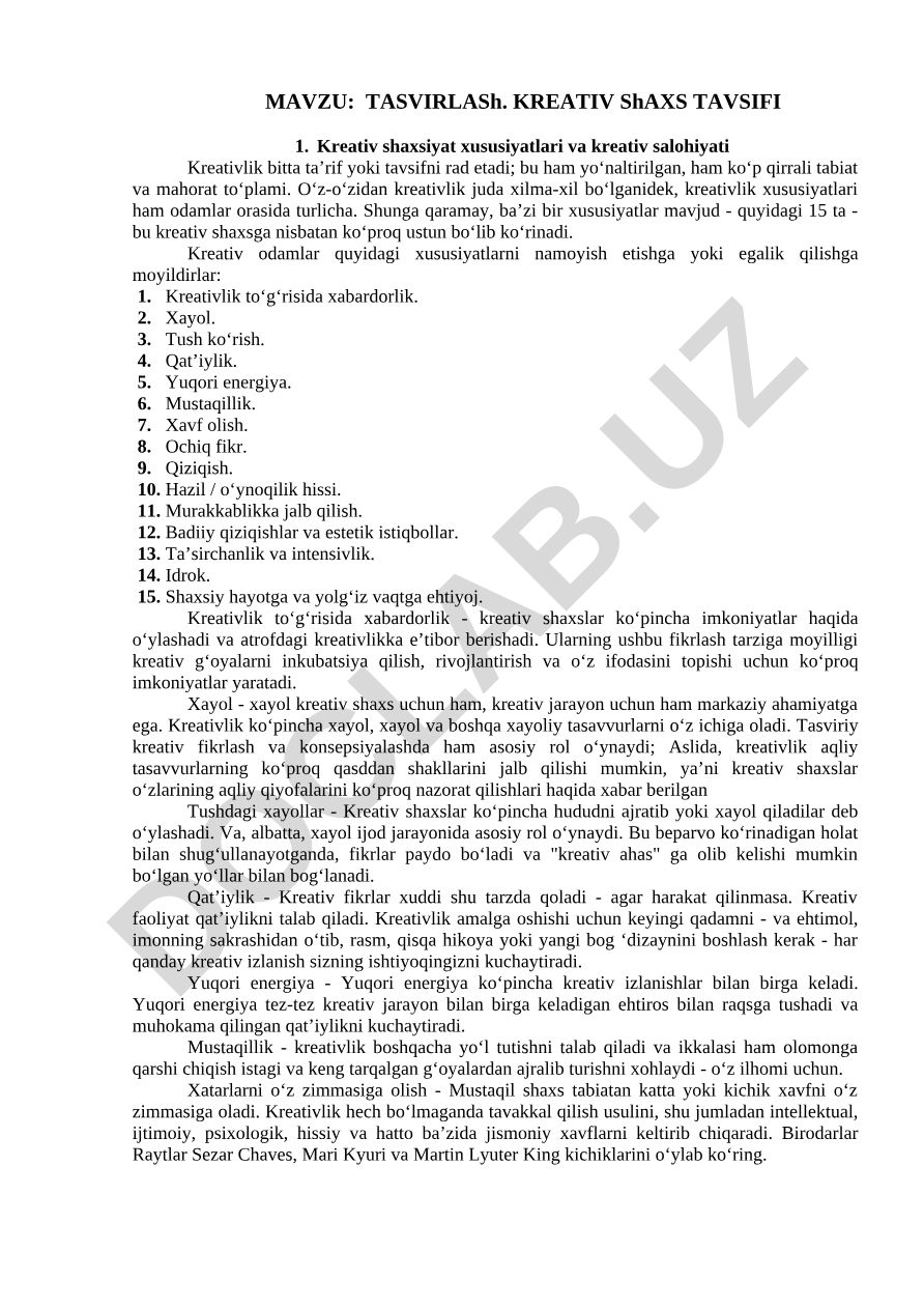 TASVIRLASH. KREATIV SHAXS TAVSIFI Kreativ shaxsiyat xususiyatlari va kreativ salohiyati